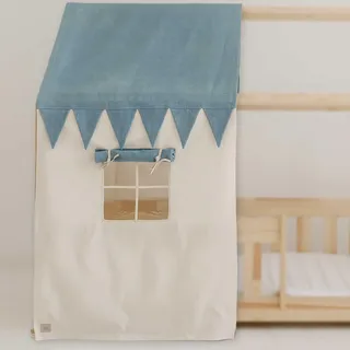 Moi Mili Betthimmel-Haus-Optik Hausbett-Vorhang Jeans 350 x 125 cm Betthimmel in Hausform mit Fenster für Kinderbett Bettdekoration Hausbetthimmel Hausbett Dekoration
