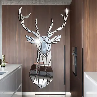 3D Spiegel Hirsch Wandtattoos Wandbilder Dreidimensionale Wandaufkleber Aufkleber DIY Deko Wandtattoo Wohnzimmer Schlafzimmer Tv Sofa Hintergrund Wandkunst Wandsticker (XXL, Silber)