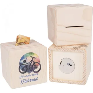 Holz Frank Spardose Holz Spardose Würfel mit Metallschloss - Für mein neues Fahrrad!, (3-tlg) beige