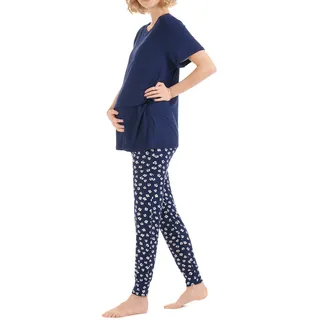Herzmutter Stillpyjama-Umstandspyjama - Schlafanzug für Damen mit Muster - Schwangerschaft-Stillfunktion - Kurzarm - 2950 (XXL, Blau/Blumen) - XXL