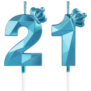 Geburtstagskerzen Zahlen 21, Blaue Geburtstagskerze mit Krone, Kerzen 21. Geburtstag, Geburtstag Kerzen, Tortendeko Geburtstag, Kuchendeko Geburtstag, Geburtstagsdeko für Junge und Männer (Nummer 21)