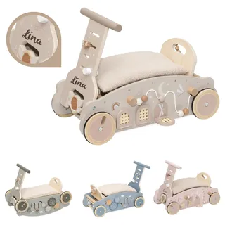 3in1 Lauflernwagen aus Holz personalisiert Nougat – Lauflernhilfe, Rutscheauto & Wippe in einem – Montessori Motorikspiel – Stabiler Baby Schiebewagen für erste Schritte – Geschenk zum 1. Geburtstag