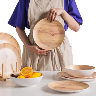 Melamin-Geschirr-Set, 18-teilig, Holzoptik – Geschirr, Holzmaserung, Waldkunststoff, Teller, Schüsseln, langlebig, für 6 Personen