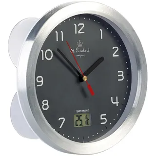 St. Leonhard Duschuhr: Badezimmer-Wanduhr mit LCD-Thermometer, Aluminium-Rahmen, IPX4, Grau (Badezimmeruhr mit Saugnapf, Wanduhr mit Saugnäpfen, Pool)