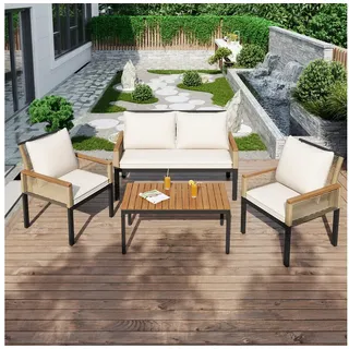 Celya Gartenlounge-Set Gartenlounges, Gartenmöbel Set 4 Personen Rattan, (Doppelsofa,2 Sessel und Tisch, Outdoor, Tisch und Stühle), Gartenlounge-Set, Gartenmöbel Set mit bequemem Kissen beige
