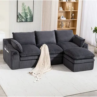 Canapé 3-sitzer Modular Aus Cordstoff Dunkelgrau Mit Hocker, 263x167x85 Cm, Frei Kombinierbar