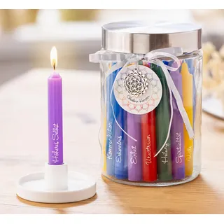 Chakra Kerzen Geschenkset – 28 Stabkerzen in 7 Farben – mit Keramikhalter und Glas