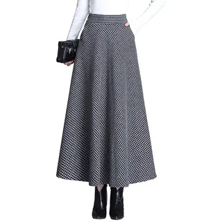 Damen Lang Rock Elegant Maxi Winterrock Plaid Warm Wollrock Hohe Taille Karierter röcke Herbst Elastische Taille Vintage A Linie Casual Midi Faltenrock B Black XXL - XXL