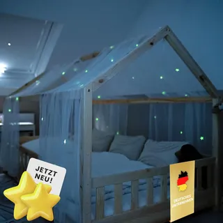 lilimaus Hausbett Himmel mit leuchtenden Sternen - Betthimmel Hausbett Deko | Geschenk Mädchen & Jungen - Himmelbett Vorhänge für 90x200 & 120x200 Kinderbetten - Leuchtsterne Kinderzimmer Deko