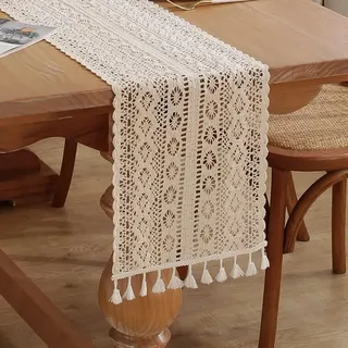 Gehäkelte Tischläufer, 30x120cm Spitze Boho Tischwäsche Klassische Beige Hochzeit Tischdecke Vintage Tassel Tischdeko für Küche Essen Urlaub P...