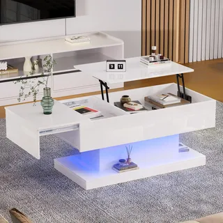 QMTXBYJ Couchtisch Höhenverstellbar, Couchtisch Holz mit Hebeplatte und Offenem Stauraum, Wohnzimmertisch mit LED-Beleuchtung und Bluetooth-APP-Steuerung, Weißer Kaffeetisch für Wohnzimmer