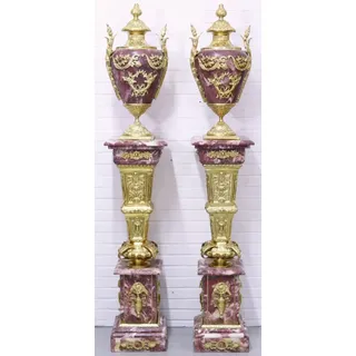 Casa Padrino Barock Vasen mit Marmor Säulen Set Rot / Gold 30 x 30 x H. 180 cm - Edel & Prunkvoll