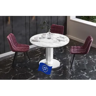 Design Esstisch rund HES-111 Marmor Natur / Weiß Hochglanz ausziehbar 100 cm bis 148 cm runder Esszimmertisch Küchentisch rund Funktionstisch oval kitchen table Esszimmer dining table Ausziehtisch