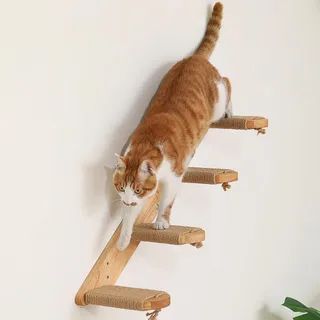 FUKUMARU Wandregale für Katzen, 4-stufige Wandkatzenleiter, Leiter aus Massivholz, mit Juteschnur zum Kratzen. Regale und Hängemöbel für Aktivitäten, 66cm