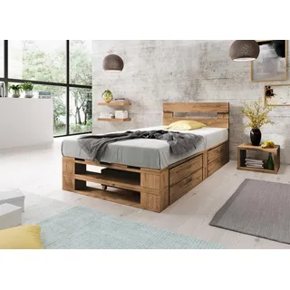 Lermowood Palettenbett M2 aus Holz 100 x 200 cm Eiche mit Kopfteil und 2 Bettkästen Holzbett 30cm Stabiles Seniorenbett Kinderbett Jugendbett Gästebett erhöhtes Bettgestell Futonbett Komforthöhe