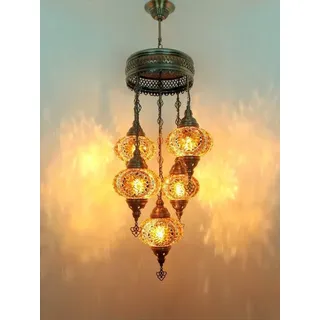 5-flammige türkische Hängelampe aus braunem Mosaikglas – orientalische Deckenleuchte mit 5 Kugeln - Braun