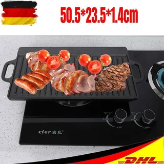 Gusseisen Grillplatte Eckig Grillpfanne BBQ Grill Platte Guss 50x23x2 cm Schwarz