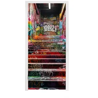 MuchoWow Türtapete Treppe - Graffiti - Farben - Kunst, Matt, bedruckt, (1 St), Selbstklebende Tapete, Folie für Möbel, 75x205 cm 75 m x 205 m