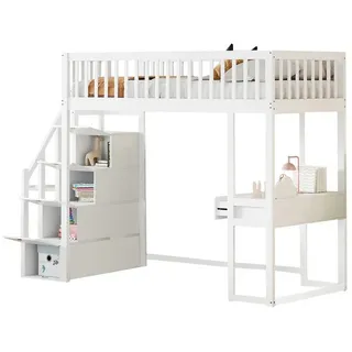 REDOM Kinderbett Hochbett Stauraumbett Holzbett Gästebett (mit Multifunktionstisch und Sicherer Aufbewahrungstreppe, Massiv Kiefernholz, Weiß, für Kinder und Jugendliche), ohne Matratze weiß