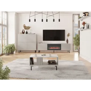 MIRJAN24 Wohnzimmer-Set Aruba V, (5er-Set, 2x Wandregal, Kommode, TV-Lowboard mit Kamin, Couchtisch), Metallfüße in der Farbe Schwarz beige