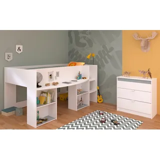 Parisot Kinderzimmer Jugendzimmer komplett Set, mit Hochbett - Liegefläche 90x200 cm - ohne Lattenrost - ohne Matratze - Kommode - Holznachbildung - farbige Einsätze drehbar rosa/grau
