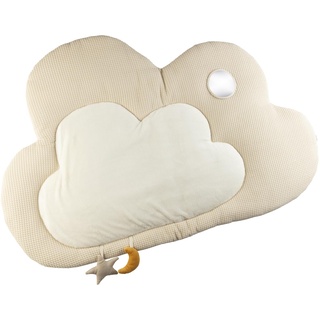 Baby Unisex Spieldecke in Wolkenform, wattierte Krabbeldecke Himmelskörper mit Silikonring, Spiegel und Quietsche, 80 x 100 cm