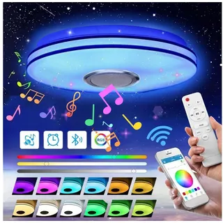 LETGOSPT Deckenleuchte LED Deckenlampe RGB Bluetooth Lautsprecher Fernbedienung APP-Steuerung, LED fest integriert, RGB, Kaltweiß/Naturweiß/Warmweiß, Dimmbar mit Fernbedienung und APP-Steuerung, Dimmbar mit Fernbedienung APP, für Schlafzimmer Wohnzimmer Küche Party weiß 30 x 5 cm | Ø 30 cm x 5 cm