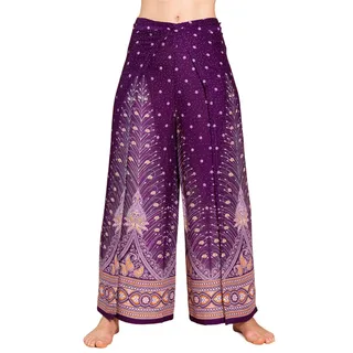 PANASIAM Wickelhose Damen - Weite Palazzohose - Boho Stil - in 3 Längen | leichte Sommerhose aus Viskose, Hosenrock gerader Schnitt, Strandhose, variabler Bund zum Binden, Peacock & Oriental Design - M