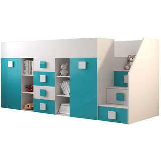 QMM TraumMöbel Hochbett TELLY 3 mit Treppe rechts (Bett, Schrank, Schreibtisch, Schubladen, Regale, Treppe) ausziehbarer Schreibtisch blau