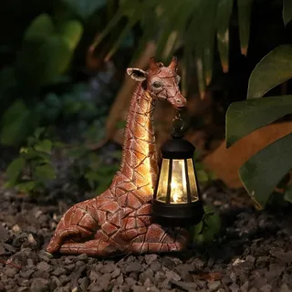 Tuzsocr Solar Giraffe Gartenstatuen, Gartenfigur Giraffe mit Solarlaterne, Wetterfeste Giraffe Gartendeko für Draußen, Harzskulptur Tierstatuen für Rasen, Balkon, Hof, Terrasse, Fensterbank, 23cm