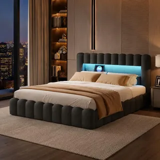 DAHUEN Polsterbett Bubble Bett 180x200, Doppelbett mit LED und USB Ladefunktion Kopfteil, Boxspringbett mit hydraulisches Bettkasten,Stauraumbett mit Lattenrost aus Holz, Leinen (Grau, 180x200cm)