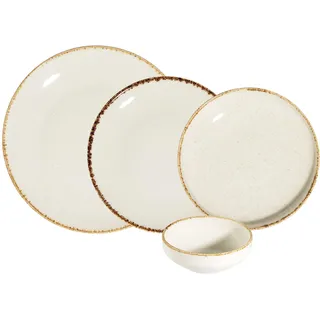 Elegantes 24-teiliges Geschirrset, 100% Porzellan, Weiß & Beige | Enthält Teller, Schüsseln & Dessertteller | Spülmaschinen- und mikrowellengeeignet