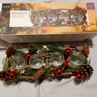 Adventsgesteck Länge: 35 cm mit 4 Teelichthaltern aus Glas Rustikales Design NEU