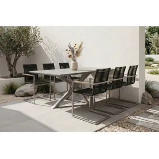 OUTFLEXX Garten-Essgruppe, silber/schwarz, Edelstahl/Granit/Rope, 200x100 cm, 6 Freischwinger, Armlehnen aus Teak