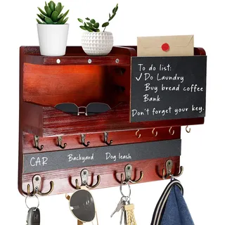JKOKPMG Schlüsselbrett Holz mit Ablage, schlüsselkasten Holz,Schlüsselhalter mit Edelstahlhaken,Schlüsselablage Wand, Schlüsselboard aus Buche,Schlüsselhaken Key Holder Modern (Braun)