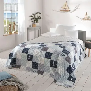 Famanu Bettdecke maritimes Patchwork für Einzelbett, 140 x 210 cm, marineblau