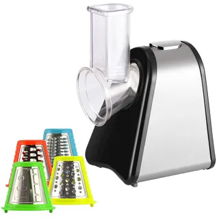 Rosenstein & Söhne Elektrische Universal-Küchenreibe Stifte/Raspeln/Fein/Scheiben/Hobeln 4-tlg. Weiß