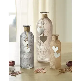 Dekoleidenschaft 3er Set Deko-Vase Flasche aus satiniertem Glas, Blumenvase verziert mit kleinen Holz-Herzen, Glasvase in Grau- und Erdtönen, Vasenset, Flaschenvase, Dekoflasche