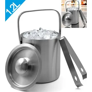 gmgxx Eiswürfelbehälter Edelstahl, 1,2L Eiseimer mit Doppelwand-Design, Eisbehälter für Eiswürfel Eiskübel mit Deckel & Zange, Tragbar Eiskühler - Silber