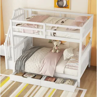 Etagenbett Kiefernholz Und Mdf Weiß 140x200 Cm Mit Treppenregal, 2 Schubladen Und Lattenrost