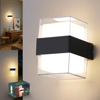 LetGlin LED Wandleuchte Innen 12W 1200LM, IP65 Wandlampe Aussenlampe Wand Aussen, 3000K Up and Down Leuchte Außenwandleuchte, LED Lampe für Hauswand Badezimmer Flur Balkon, Aluminium, Schwarz 1 Stück