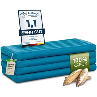 livasia Nachhaltige Klappmatratze aus Kapok - 200x110x8cm - breite Gästematratze, Faltbare Matratze, ökologische Yogamatte, klappbares Gästebett, Liege für Garten und Balkon (Hellblau Uni)