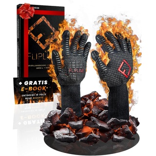 FLIPLINE® Grillhandschuhe Hitzebeständig - Premium feuerfeste Handschuhe, Ofenhandschuhe, Kochhandschuhe, Backhandschuhe für Küche & Grill - BBQ Handschuhe inkl. Rezepte E-Book (L)