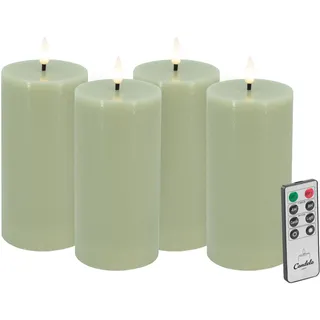 Candela LED Kerzen 4er Set H:15xØ7,5cm grün rustic Echtwachs mit Fernbedienung Timer Funktion & mehrstufig dimmbar flammenlos Echtwachskerzen Stumpenkerze
