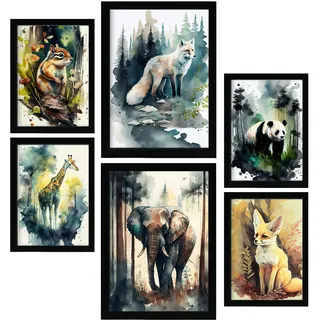 POSTER Set Mit 6 Wald Und Savanne Illustrationen Von Tieren In Naturlandschaften A3 & A4 Rahmenlos