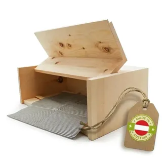 Brotkasten aus Zirbenholz mit Gitter und Bienenwachstuch, 45x16x25 cm
