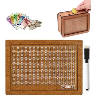SHAPEPOTY Spardose Holz, Sparbox, Spardose mit Sparziel und Zahlen zum Ankreuzen, Sparschwein, Wiederverwendbare Holz Geldbank für Hilft Erwachsene und Kindern Die Gewohnheit Zum Sparen Zu (5000€) - L