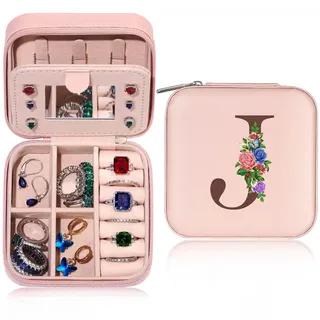 TINGN Geschenk für Frauen - Personalisierte Schmuckkästchen Damen Mädchen mit Initiale J Blume Kleine Schmuckkästchen Reise Schmuckkästchen mit Spiegel Geschenk für Geburtstage Muttertag
