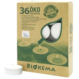 Öko-Teelichter Ø38 mm, BIOKEMA, mit Alu-Hülle, Brenndauer ca. 4h, 36 St.