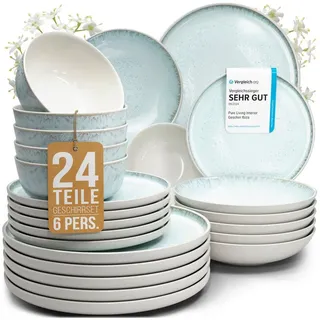 PURE LIVING INTERIOR DESIGN Steingut Geschirrset 6 Personen Ibiza 24 tlg. TESTSIEGER, Traumhaftes Mediterranes Steingut Geschirr Set, Schüssel- und Teller Set, Tafelservice 6 Personen, Geschirrsets Pure Living in Blau-Beige
